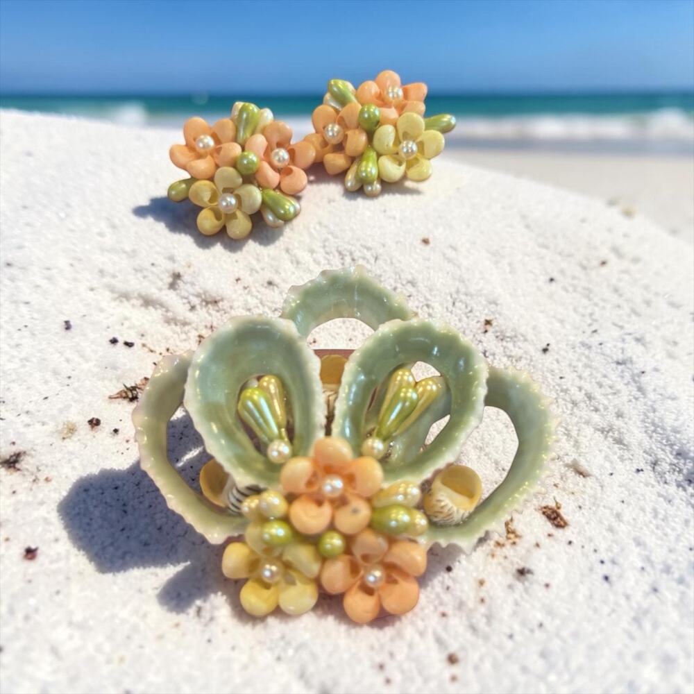 Artisan Seashell Brooch Earrings Set Floral Pearl Pastel Coastal Statement